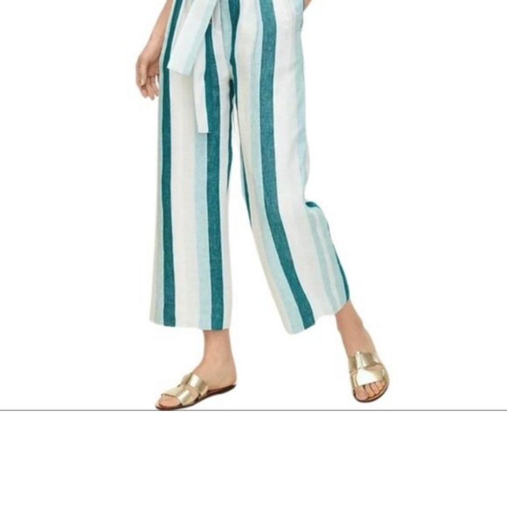 J. Crew Green Blue White Striped Pants with Bow Belt